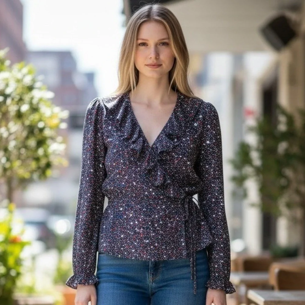 Madewell Womens Silk Star Print Ruffle Wrap Peplum Blouse Navy Blue Small
